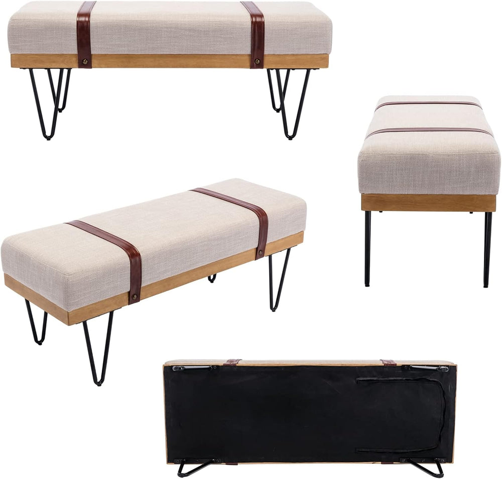DUOMAY Industrial Modern Linen Rectangle Ottoman Bench with PU Strap and Meta...