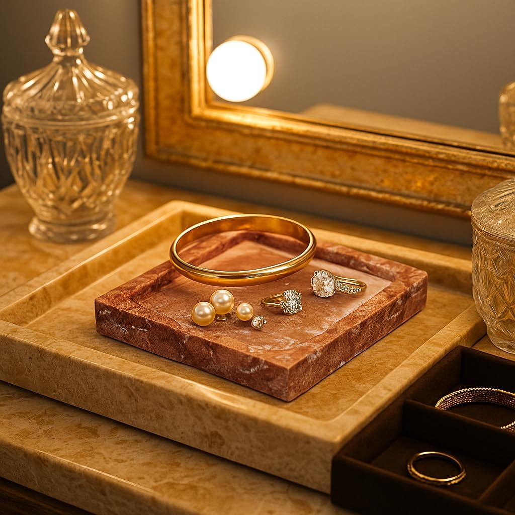Natural Travertine Marble Square Jewelry Tray, 4.9" – Decorative Stone Accessory Dish for Rings, Earrings, Necklaces, Perfume and Keys, Gift for Women (Red)
