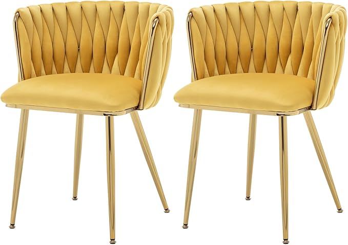 Velvet Dining Chairs Set of 2, Modern Upholstered Dining Chairs with Gold Metal Legs for Dining Room, Vanity, Kitchen, Living Room(Yellow)