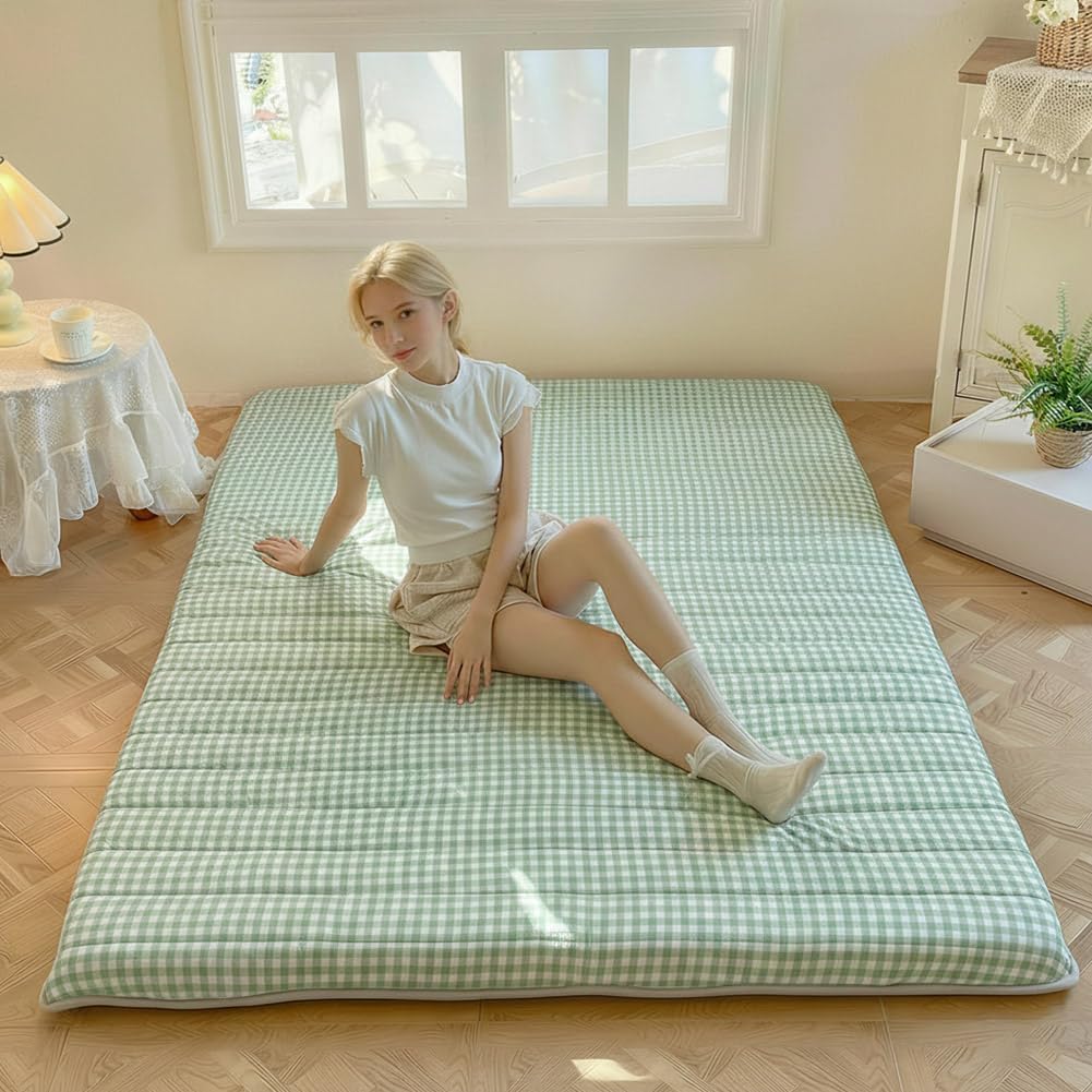 Green Gingham Japanese Floor Mattress, Queen Size 60" x 80", 3.5" Thick | High Density Foam Futon Mattress, Foldable Tatami Sleeping Pad, Farmhouse Style Roll Up Floor Bed for Dorm Guest Room