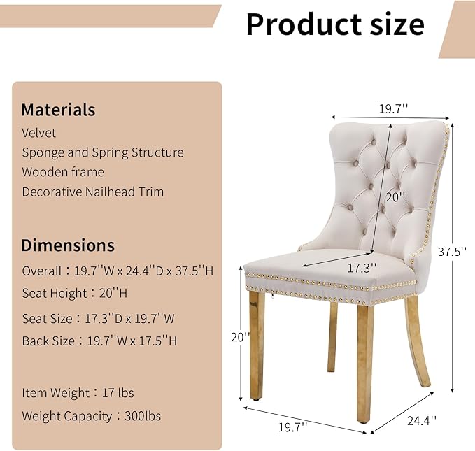 Luxury Upholstered Dining Chairs Set of 8, Beige Kitchen Chair with Golden Metal Legs, Velvet Tufted Back Dining Chair, Sillas de Comedor, Modern Kitchen & Dining Room Chairs (Beige, 8 Pcs)