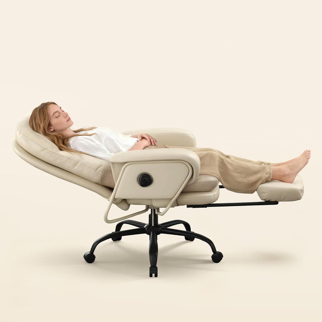 FLEXISPOT 2-in-1 Chaise Lounge Chair Indoor with Wheels Footrest 90-165° Reclining Lumbar Support, Home Office Chairs for Living Room Bedroom Study Working Relaxing, PU Leather, Beige White, HC4