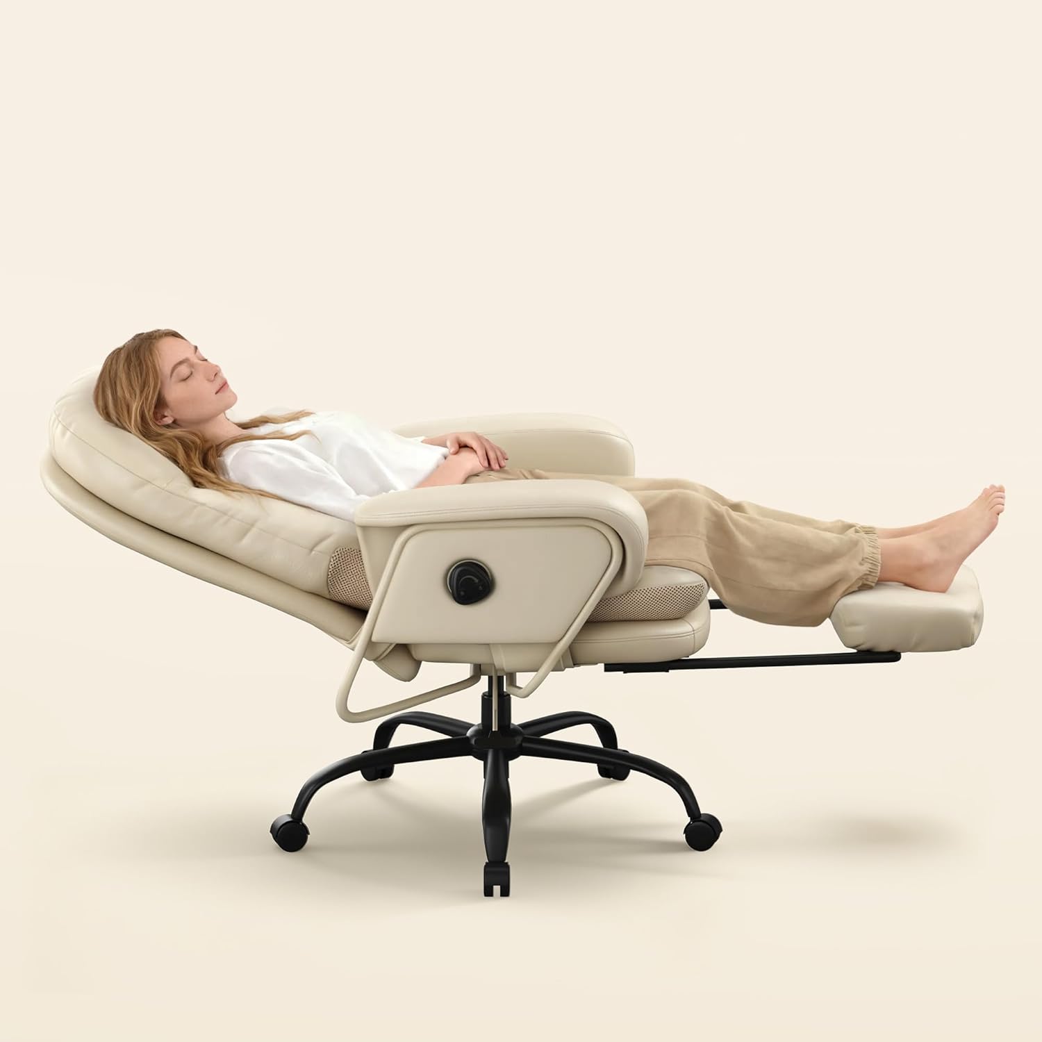 FLEXISPOT 2-in-1 Chaise Lounge Chair Indoor with Wheels Footrest 90-165° Reclining Lumbar Support, Home Office Chairs for Living Room Bedroom Study Working Relaxing, PU Leather, Beige White, HC4