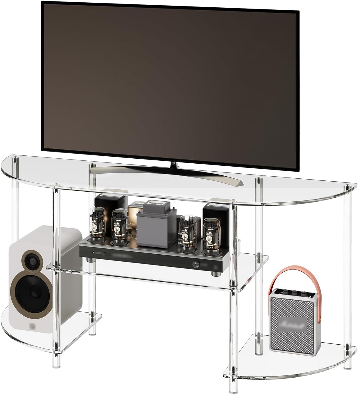 Eglaf Acrylic Modern TV Stand, 3-Tier Semi-Circular TV Console Table | Corner TV Stand, Entertainment Center with Open Shelves, TVs up to 50 Inch, 47.2'' L x 13.4'' W x 22.4'' H, Clear