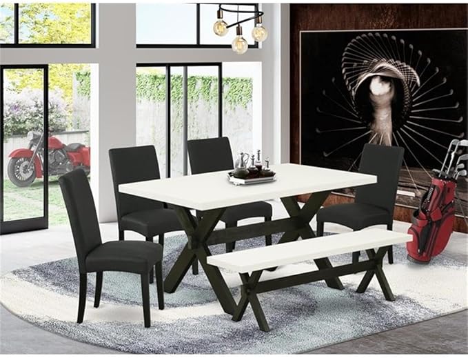 East West Furniture X626DR124-6 6 Piece Dining Table Set Contains a Rectangle Kitchen Table with X-Legs and 4 Black Color Linen Fabric Parson Chairs with a Bench, 36x60 Inch, Multi-Color