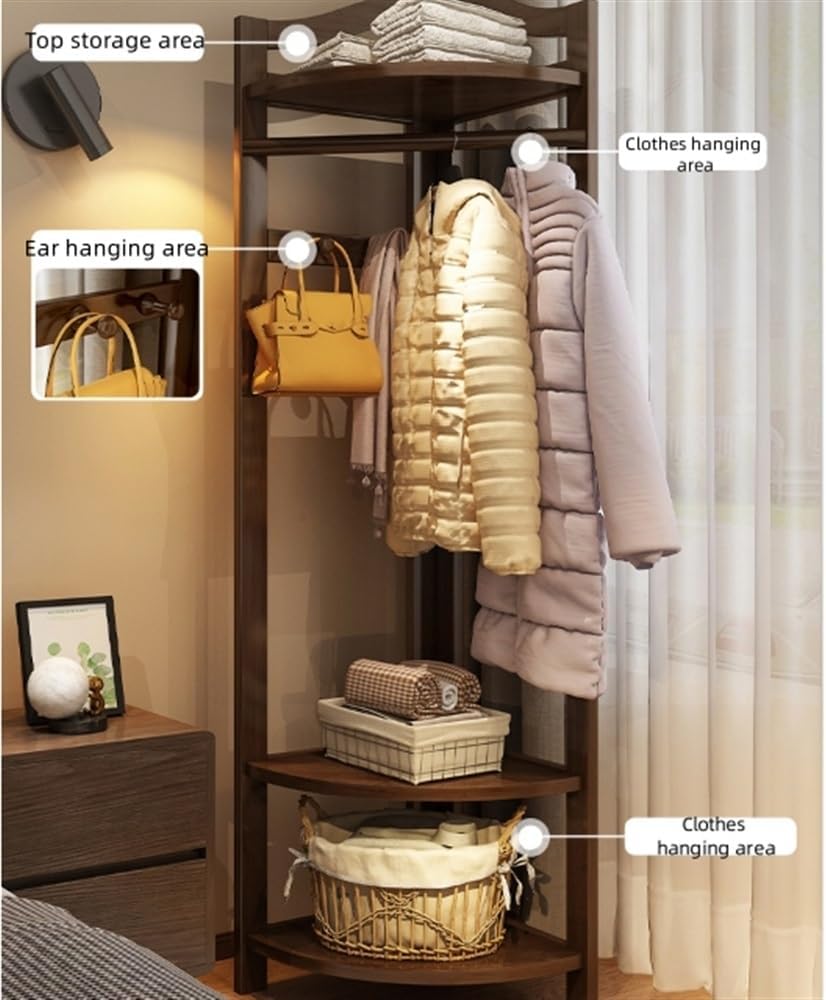 Wooden Corner Clothes Rack, Freestanding Coat Rack(White) | Clothing Rack with Storage Shelf, Hallway Coat Stand for Entryway, Bedroom, and Living Room