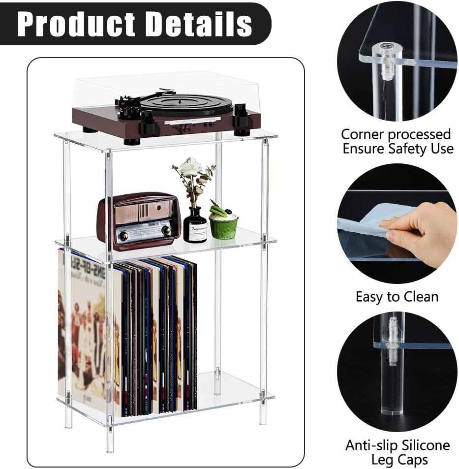 DICOSMETIC Clear Acrylic Record Player Stand 3-Tier Small Side Turntable Tabl...