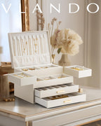 Vlando 4 Layers Jewelry Box - Women Jewelry Box with Retractable Tray - Jewelry Organizer with Drawer for Necklaces, Rings, Bracelets, Earrings, Gift for Couples Mom Girls - Could White
