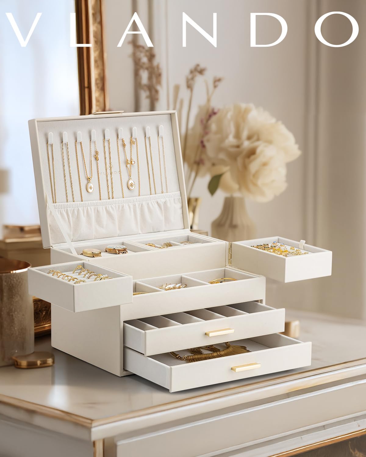 Vlando 4 Layers Jewelry Box - Women Jewelry Box with Retractable Tray - Jewelry Organizer with Drawer for Necklaces, Rings, Bracelets, Earrings, Gift for Couples Mom Girls - Could White