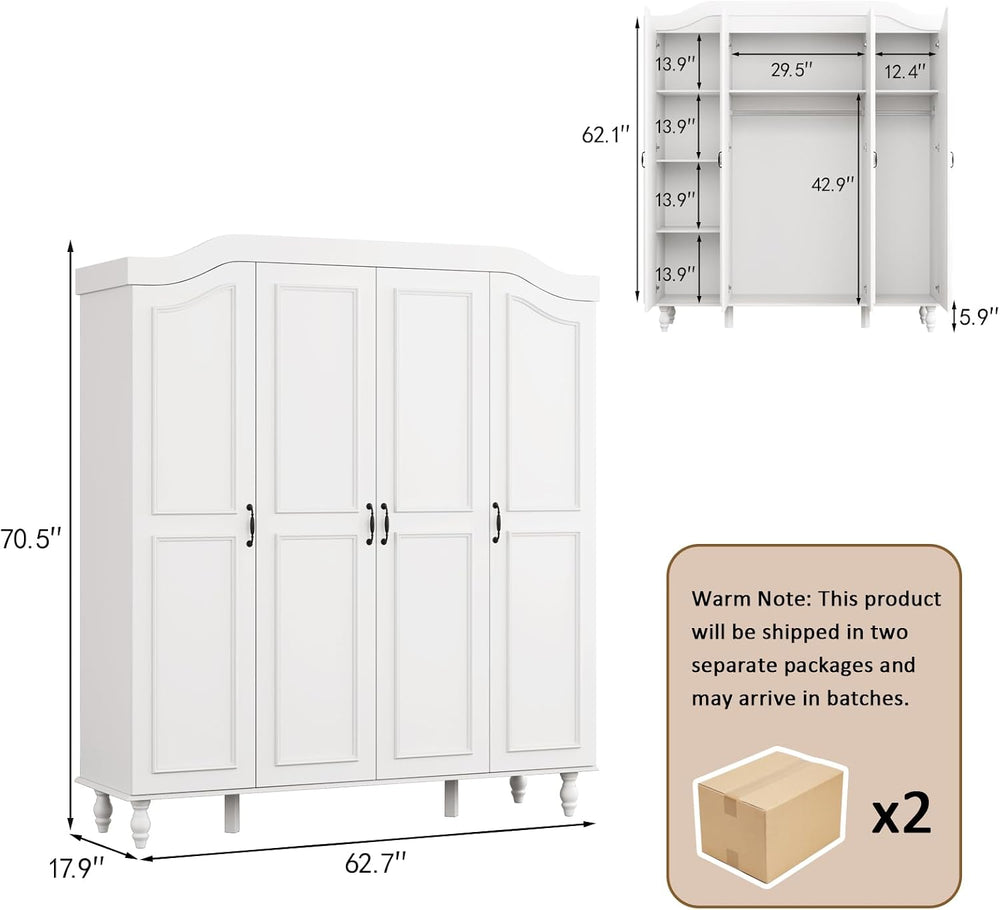 71" H Arched Armoire Wardrobe Closet with 4 Doors, Wooden, White | Large...