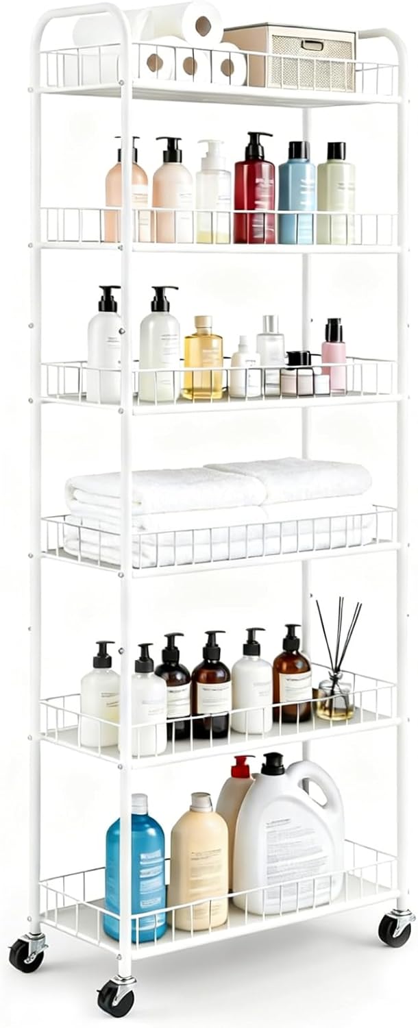 10in Slim Storage Cart, Metal 6-Tier Narrow Rolling Shelf, Sturdy Slim Storag...