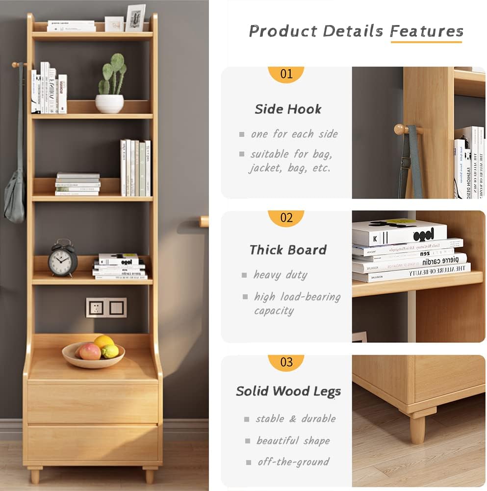 IOTXY Oak Bedside Table Bookshelf - 71" Tall Free Standing Wooden Open Shelf Bookcase with Drawers and 4-Shelves for Bedroom, Bed Side End Table, Nightstand