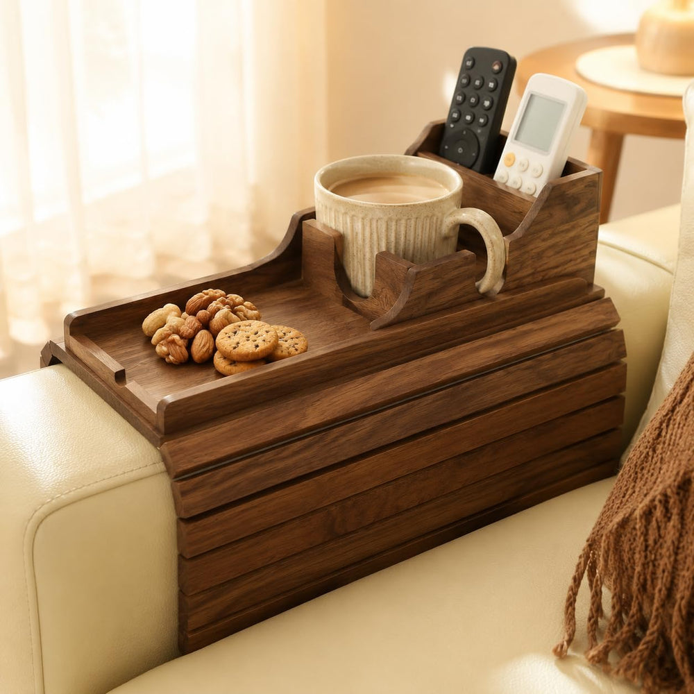 Acacia Couch Armrest Table, Over the Couch Arm Tray with Removable Couch Cup ...