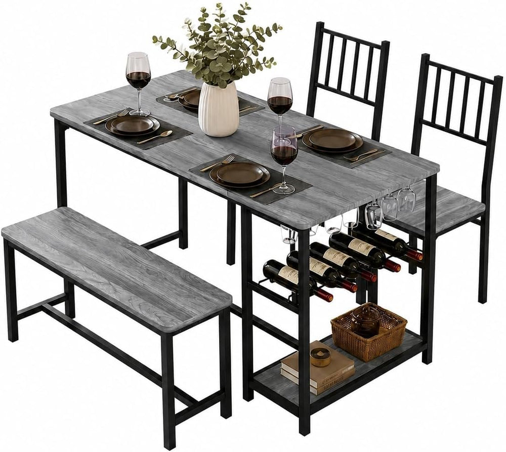 4 EVER WINNER 55-Inch Dining Table Set for 4 with Bench, Wine Rack, Grey | 4-...