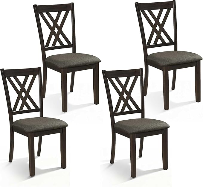 Giantex Wooden Dining Chairs Set of 4, Linen Fabric Upholstered Kitchen Chair w/Rubber Wood Frame, Wide Padded Seat, Curved Cross Back, Farmhouse Side Chairs for Living Room Restaurant, Dark Gray