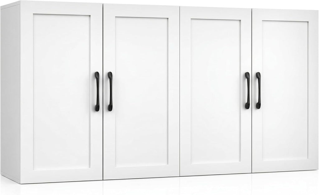Wall Cabinet with Adjustable Shelves, Laundry Room Cabinet with 4 Doors, Kitchen Storage Cupboard Cabinet, Wall Mount Medicine Cabinet for Bathroom, Living Room, White