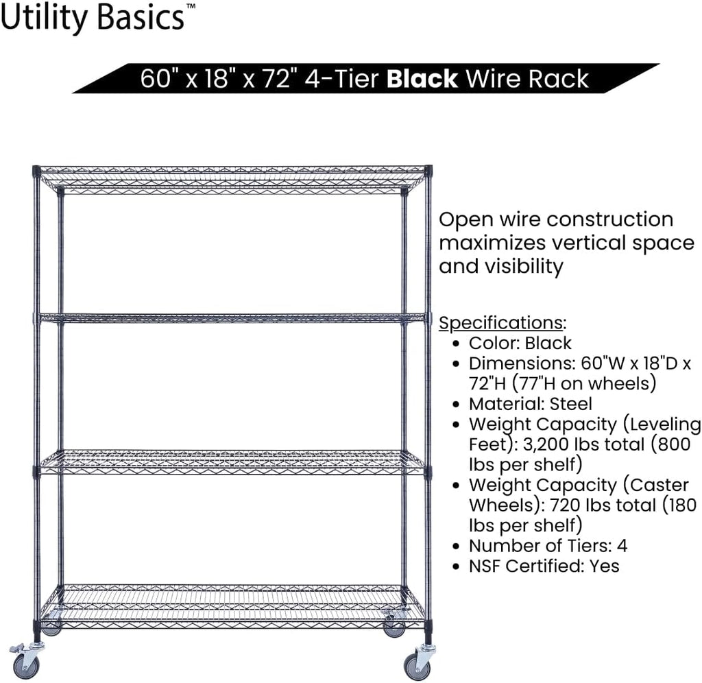 NSF Commercial 4-Tier Wire Shelving with Wheels, 60"x18"x72" Heavy Duty Metal Shelves 3200 lbs Max Capacity, Black Storage Rack for Garage Kitchen Pantry Warehouse