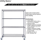 NSF Commercial 4-Tier Wire Shelving with Wheels, 60"x18"x72" Heavy Duty Metal Shelves 3200 lbs Max Capacity, Black Storage Rack for Garage Kitchen Pantry Warehouse