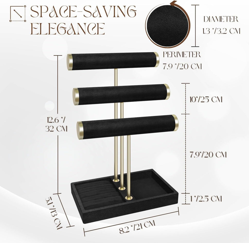 Flexzion 3 Tier Bracelet Holder Display Stand - Black Velvet Bracelet Holder Organizer with Detachable T Bar - Jewelry Display Stand for Bracelets, Bangles, Necklace, Watches, Rings