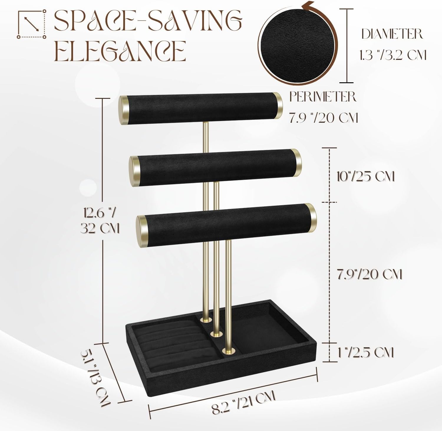 Flexzion 3 Tier Bracelet Holder Display Stand - Black Velvet Bracelet Holder Organizer with Detachable T Bar - Jewelry Display Stand for Bracelets, Bangles, Necklace, Watches, Rings