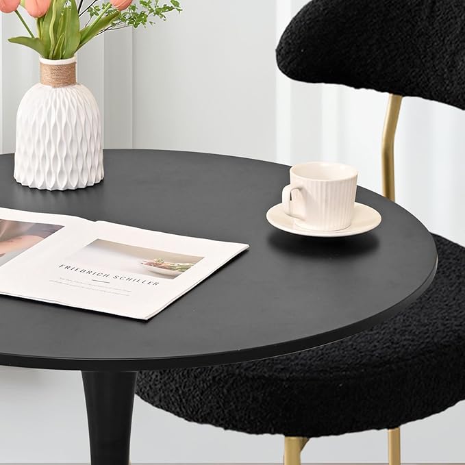 3-Pieces 31.5" Round Dining Table Set for 2, Black Dining Table & Boucle Upholstered Dining Chairs Set of 2 for Kitchen Dining Room Apartment Small Space(Black Gold Leg Chairs)