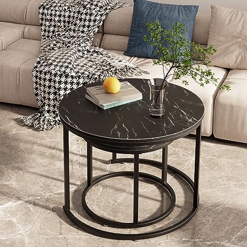 aboxoo Round Nesting Coffee Table Side Set of 2 End Tables for Living Room Be...