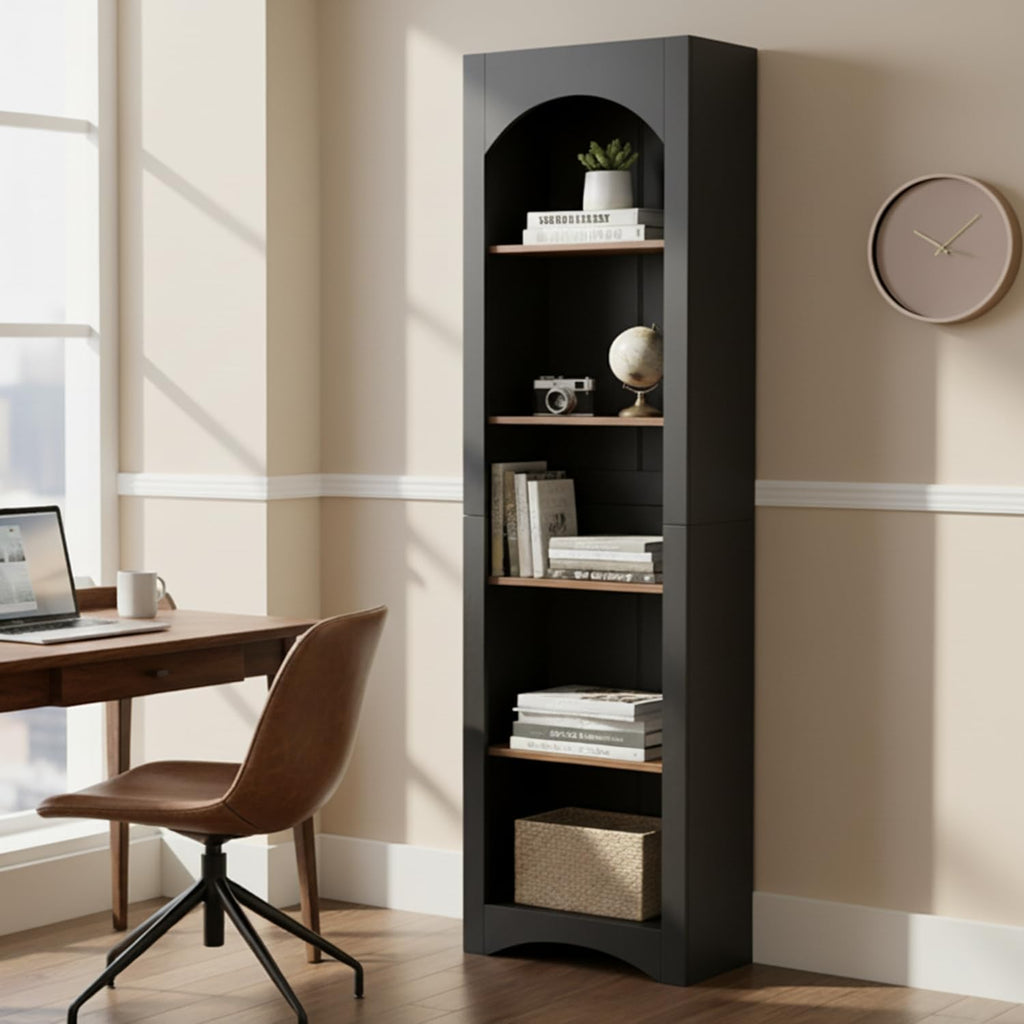 holzart 71.6" Tall Farmhouse Bookshelf, 5-Tier Narrow Bookcase & Storage Cabinet, Freestanding Kitchen Pantry Organizer with Adjustable Shelves for Living Room, Home Office, Black