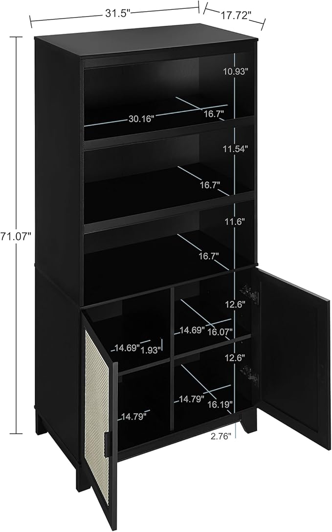 Manhattan Comfort Sheridan Modern Cane Bookcase with Adjustable Open Shelves, Soft Close Doors, and Concealed Compartments, Versatile 3 Tier Bookshelf Storage for Home and Office, Set of 2, Black