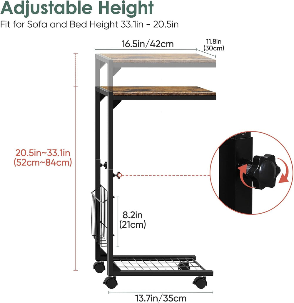 C Shaped Side Table Small End Table with Wheels Slide Under Couch Table for S...