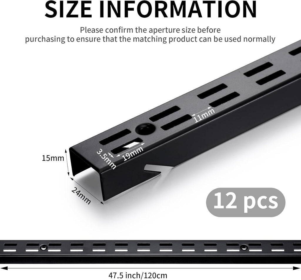 12 Pcs 47.5 Inches Shelf Rails Bracket Track Upright Closet System Hardware Adjustable Wall Standard Shelf Standards for Pantries, Linen Closets, Laundry Rooms, Utility Rooms (Black)