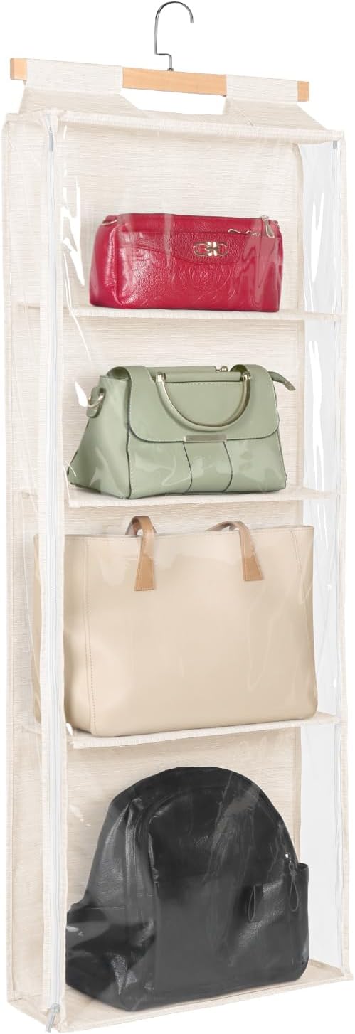 Syeeiex Over the Door Purse Organizer with Zippers, 4 Mesh Shelves, Beige | PVC Hanging Closet Bag Organizer, Dustproof Handbag Tote Storage Bag for Door, Wardrobe and Shelf Rack