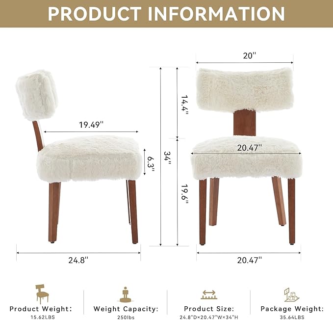 Modern Faux Fur Upholstered Dining Chairs Set of 2, Cream White Accent Side Chairs with Solid Wood Legs, Ergonomic Kitchen Chairs for Dining Room