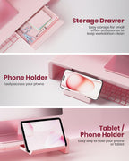 Pink Monitor Stand Riser, Klearlook Foldable, Height Adjustable Computer Stand, Desk Shelf Riser with Storage Drawer &Tablet Phone Stand for Desktop, Laptop