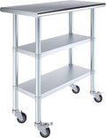 AmGood Stainless Steel Work Table with 2 Shelves and Casters | Metal Utility Table On Wheels (Stainless Steel Work Table with 2 Shelves + Casters, 36" Long x 18" Deep)