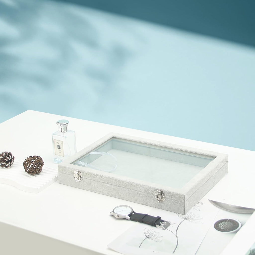 Coward Jewelry Organizer Tray Box, Grey Beige Velvet Blank Display Tray Case with Lid for Storage Necklaces Bracelets Rings Beads and Jewelry Accessories
