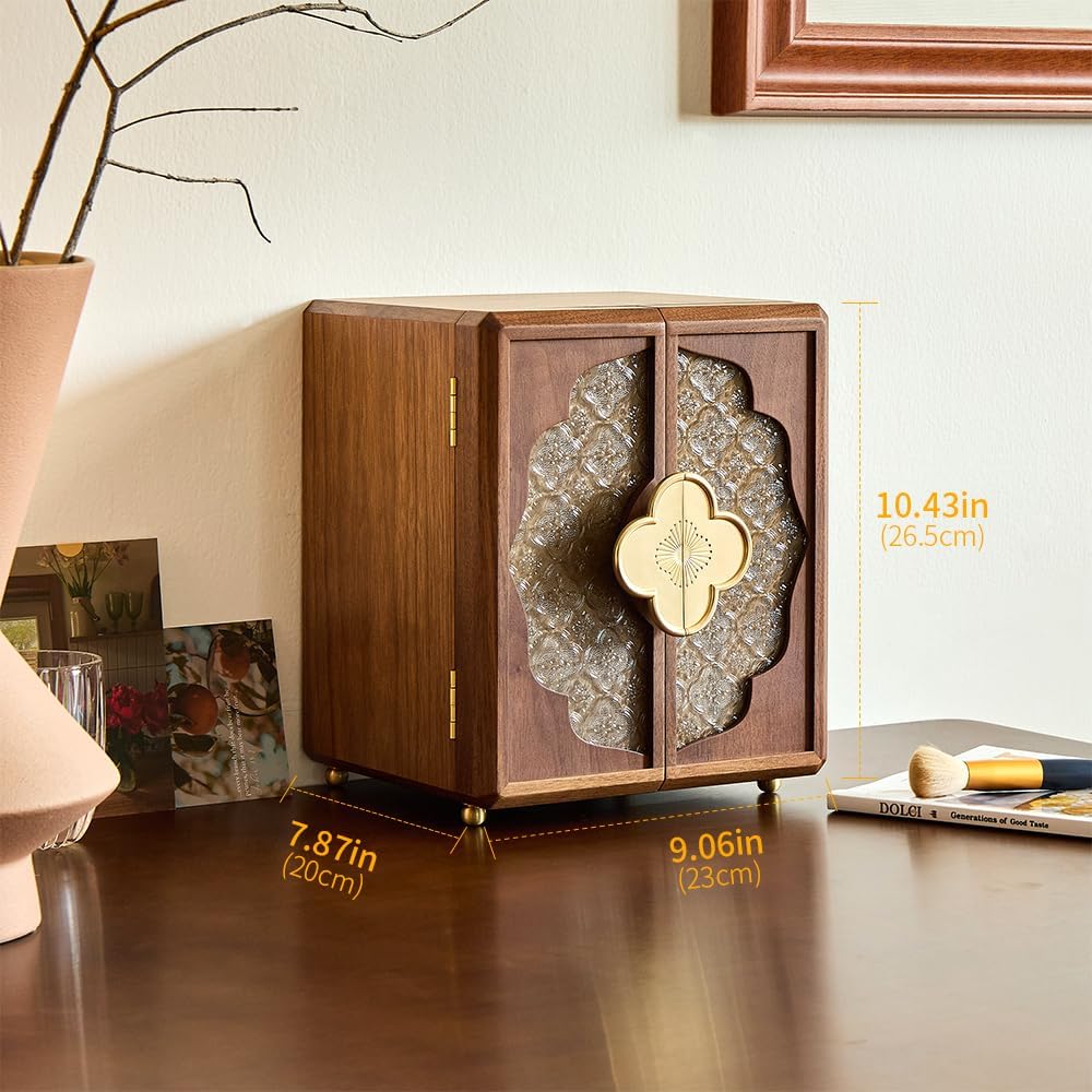Double Door Jewelry Box, Black Walnut Jewelry Storage with Velvet Lining | 5-Layer Wooden Organizer with Magnetic Closure for Birthday, Wedding
