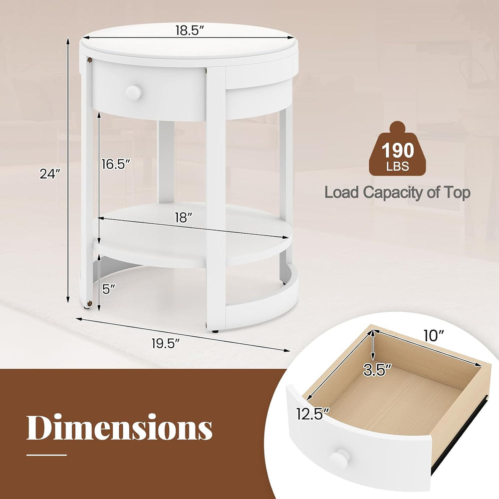 GOFLAME Round Side Table with Drawer, Retro 2-Tier Nightstand with Shelf &amp...