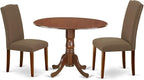 East West Furniture DLEN3-MAH-18 3 Piece Dining Room Furniture Set Contains a Round Dining Table with Dropleaf and 2 Dark Coffee Linen Fabric Parsons Chairs, 42x42 Inch, Mahogany