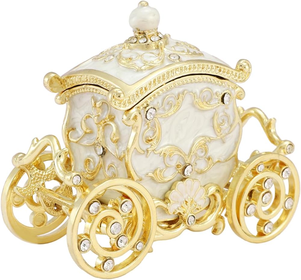 Retro Carriage Jewelry Trinket Box Enamel Ring Hold Boxes Hand-Painted Vintage Ornaments Craft Gift for Women(White)