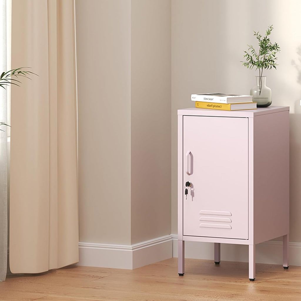 Single Door Lockable Metal End Table,Modern Minimalist Room Side Table with 2 Adjustable Shelf,Multi Storage Cabinet for Living Room Bedroom, Easy to Assemble 27.55”H x 13.78”W x 14.96”D