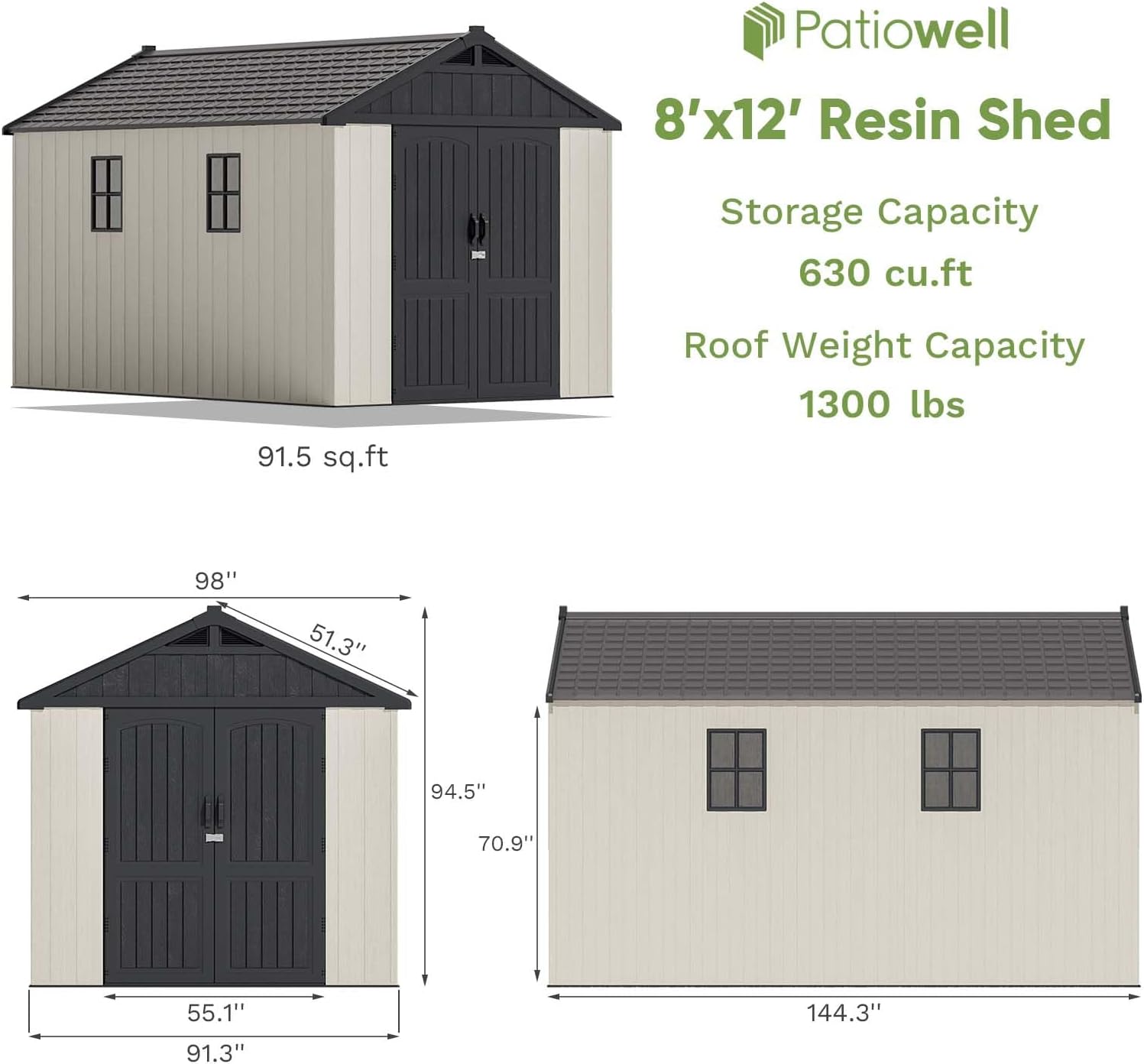 Patiowell 8 x 12 FT Plastic Outdoor Storage Shed with Floor, Resin Shed with Window and Lockable Door for Garden, Backyard, Tool Storage Use, Easy to Install in Beige (Kick-it Shed)