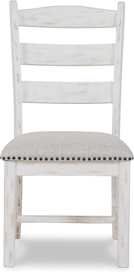 Signature Design by Ashley Valebeck Farmhouse Cushioned Dining Chair, 2 Count, Nailhead Trim, Fabric Upholstery, Solid Wood, 39" Seat Height, Whitewash