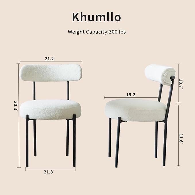 Dining Chairs Set of 2, Boucle Upholstered Modern Mid Century Round Kitchen Chairs with Curved Backrest & Metal Legs for Vanity, Living Room (White-1)