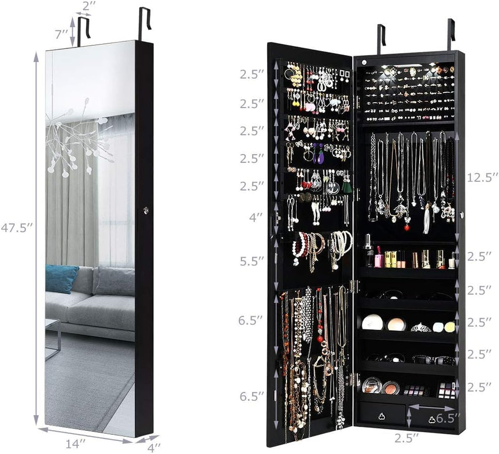 Byroce 47.5''H Jewelry Armoire, Over the Door/Wall Mounted, Full Length Mirror with Jewelry Storage, 2-LED Lockable Jewelry Cabinet with 2 Drawers, Hanging Jewelry Organizer for Bedroom (Black)