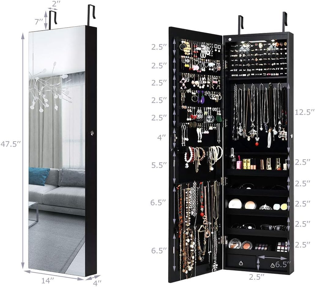 Byroce 47.5''H Jewelry Armoire, Over the Door/Wall Mounted, Full Length Mirror with Jewelry Storage, 2-LED Lockable Jewelry Cabinet with 2 Drawers, Hanging Jewelry Organizer for Bedroom (Black)