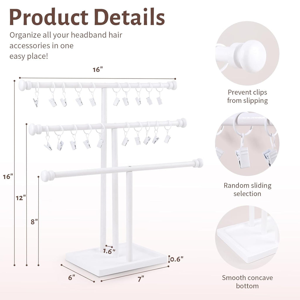 POVETIRE Headband Holder Stand Storage for Baby, 3 Tier Wooden Bow Organizer for Girls Hair Bows, Infant Hair Accessories Rack Display for Nursery Decor