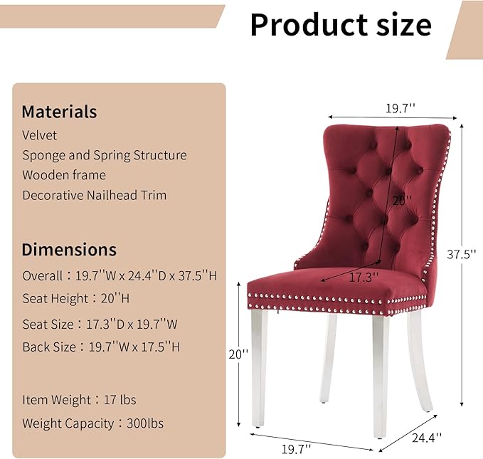Luxury Upholstered Dining Chairs Set of 2, Red Kitchen Chair with Silver Metal Legs, Velvet Tufted Back Dining Chair, Sillas de Comedor, Modern Kitchen & Dining Room Chairs (Burgundy, 2 Pcs)