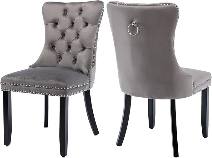 Grey Velvet Dining Chairs Set of 2, Tufted Upholstered Dining Room Chairs wit...