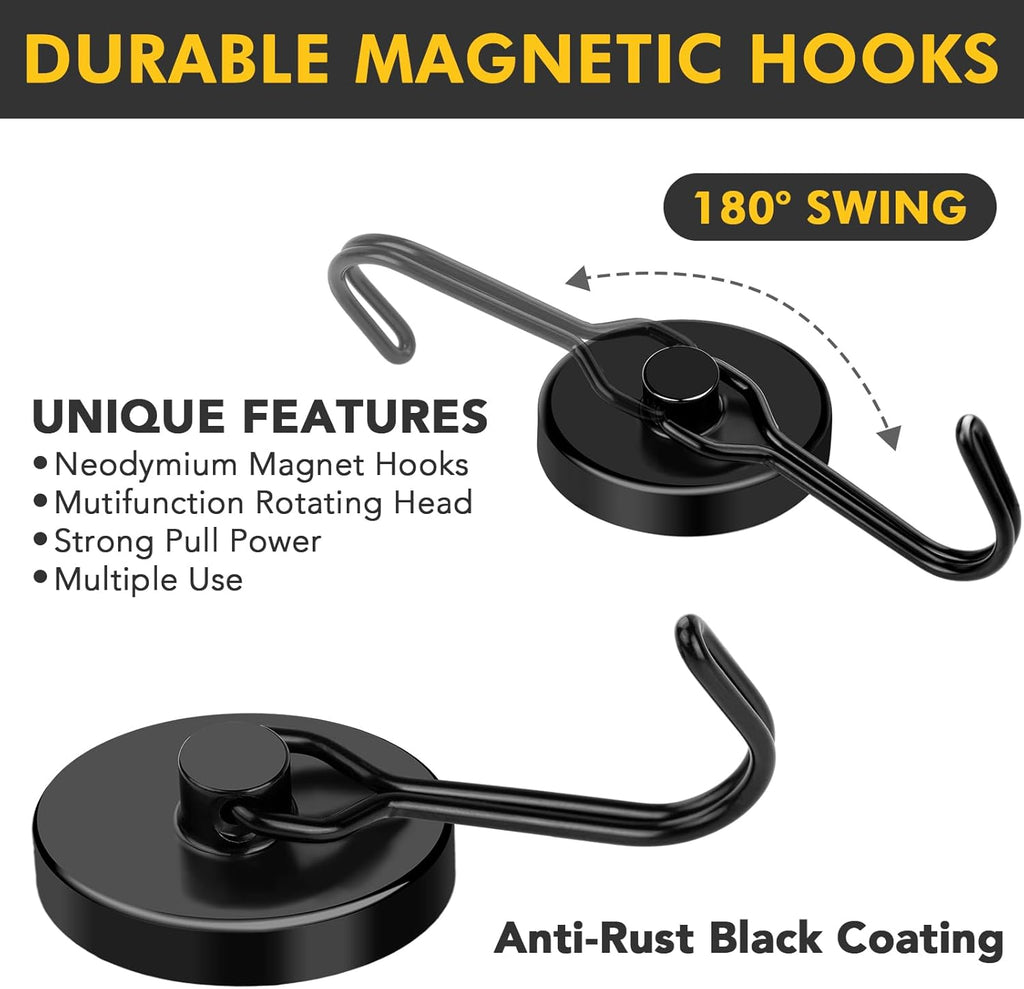 MIKEDE Strong Magnetic Hooks, 120LB Swivel Magnetic Hooks Cruise, Black Neodymium Magnet Hooks Heavy Duty for Hanging, Grill, Cruise Cabins, Refrigerator, Grill, Kitchen, Locker - Pack of 12