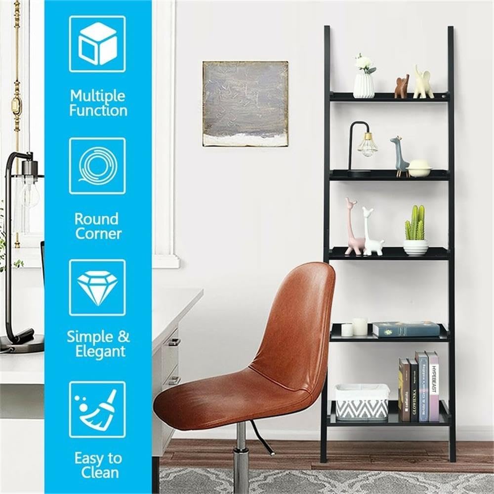 Pemberly Row 5-Tier MDF Ladder Shelves, Black Finish, 74.5" H x 13" W x 23" L, Wall-Leaning Design, Contemporary Storage Unit for Living Room, Study, or Bathroom Decor